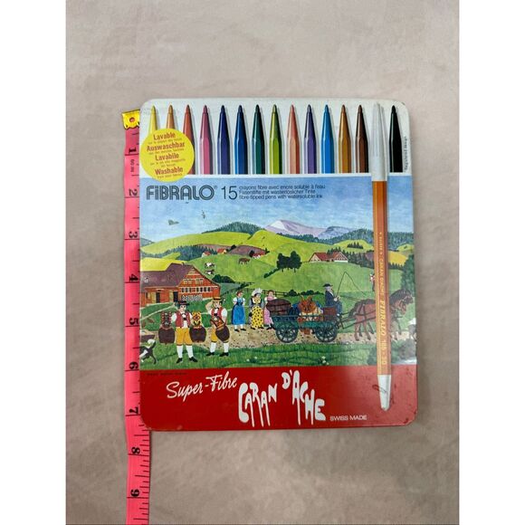 Vintage Caran d'Ache FIBRALO Fiber-Tipped Pens with Swiss Alpine Scene Metal Tin - Picture 8 of 8